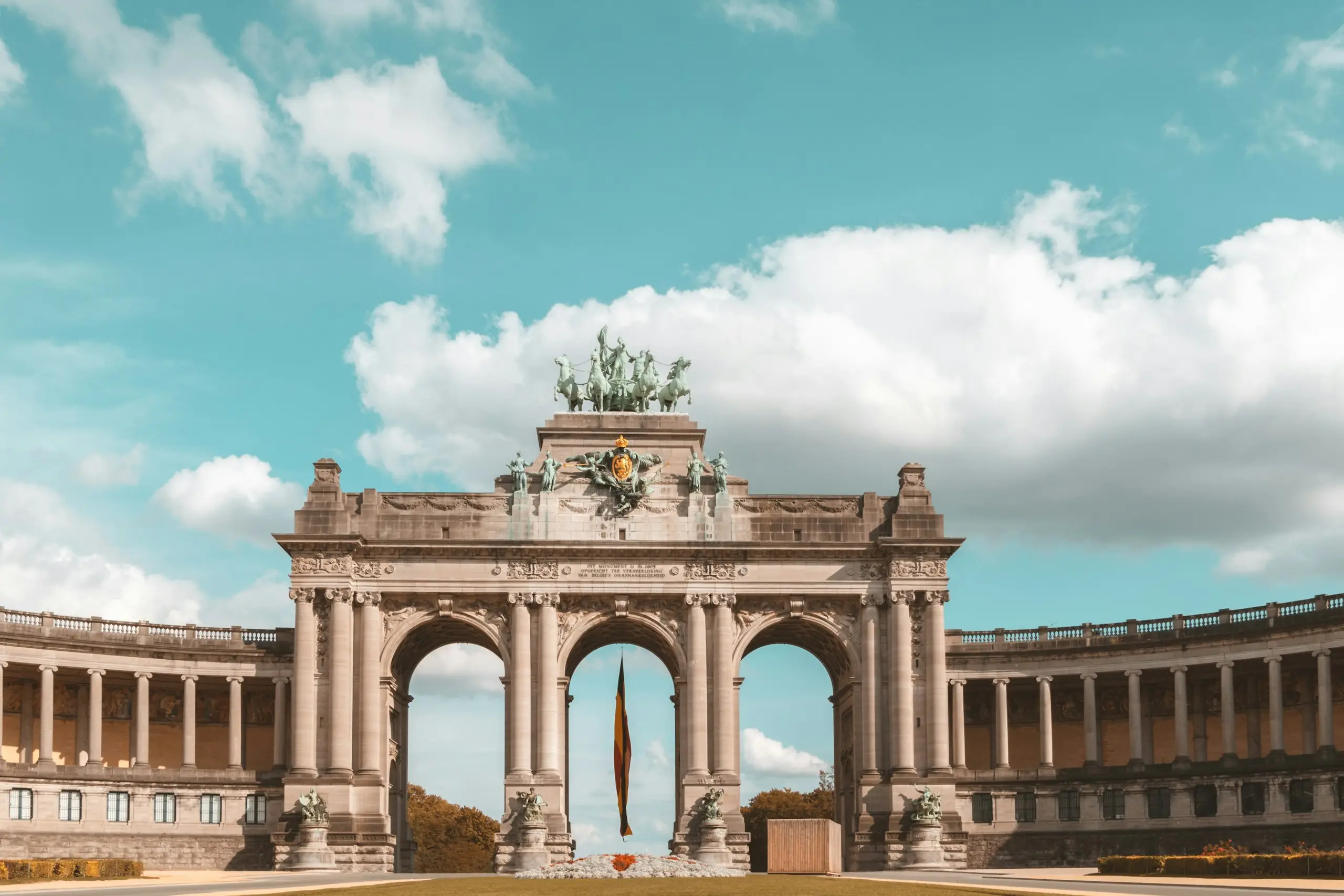 The Cinquantenaire arch and colonnade under blue skies, Brussels