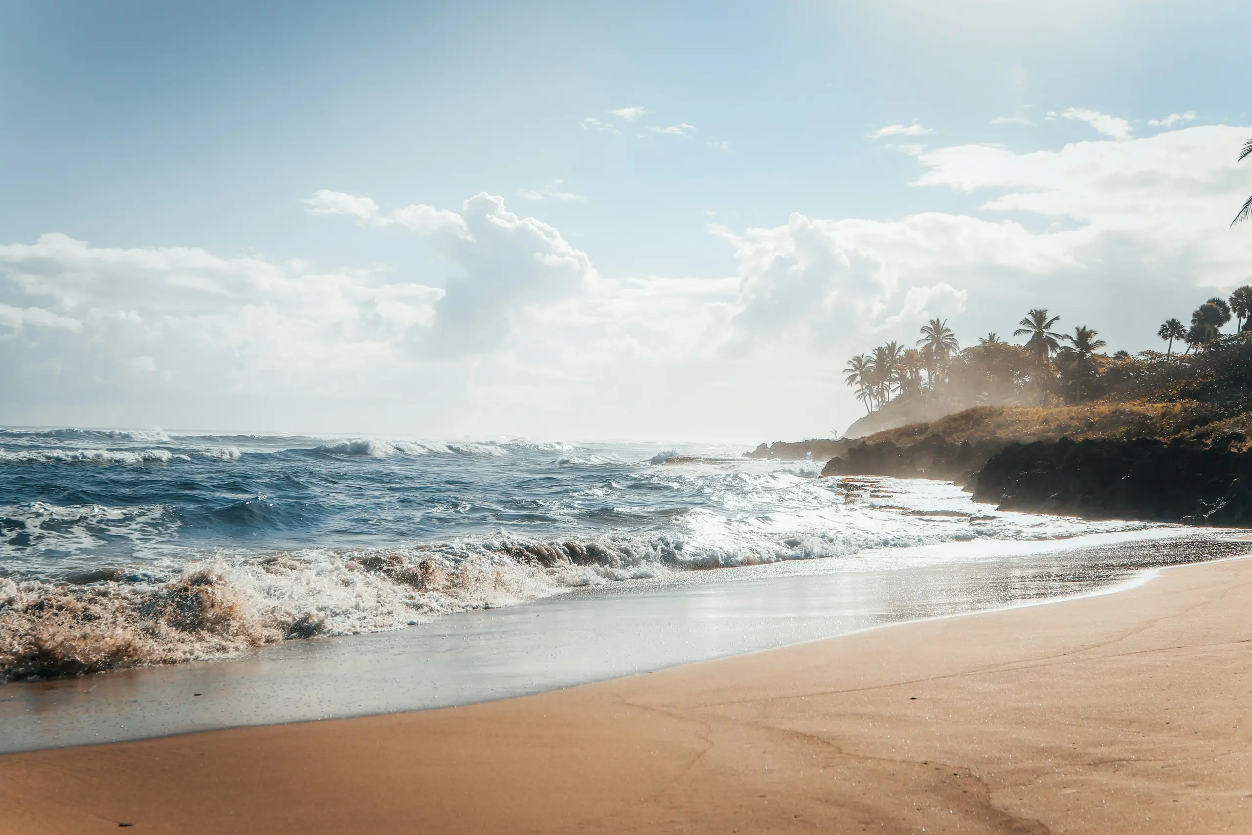 Waves rolling onto a sandy beach with palms on a headland under a bright sky, Cabarete, Dominican Republic