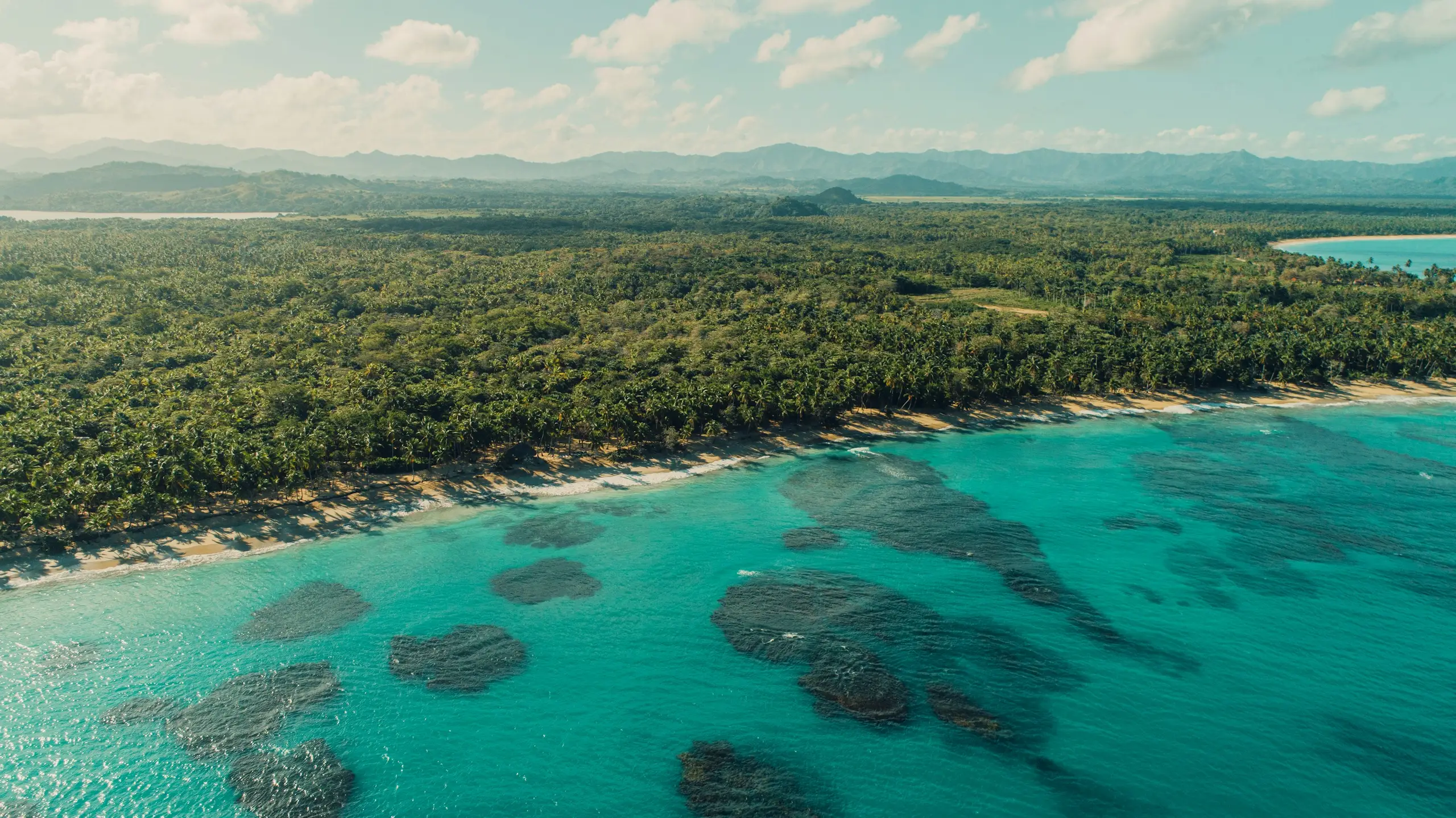An aerial view of turquoise water and coral patches along a palm-forested coast backed by mountains, Miches, Dominican Republic