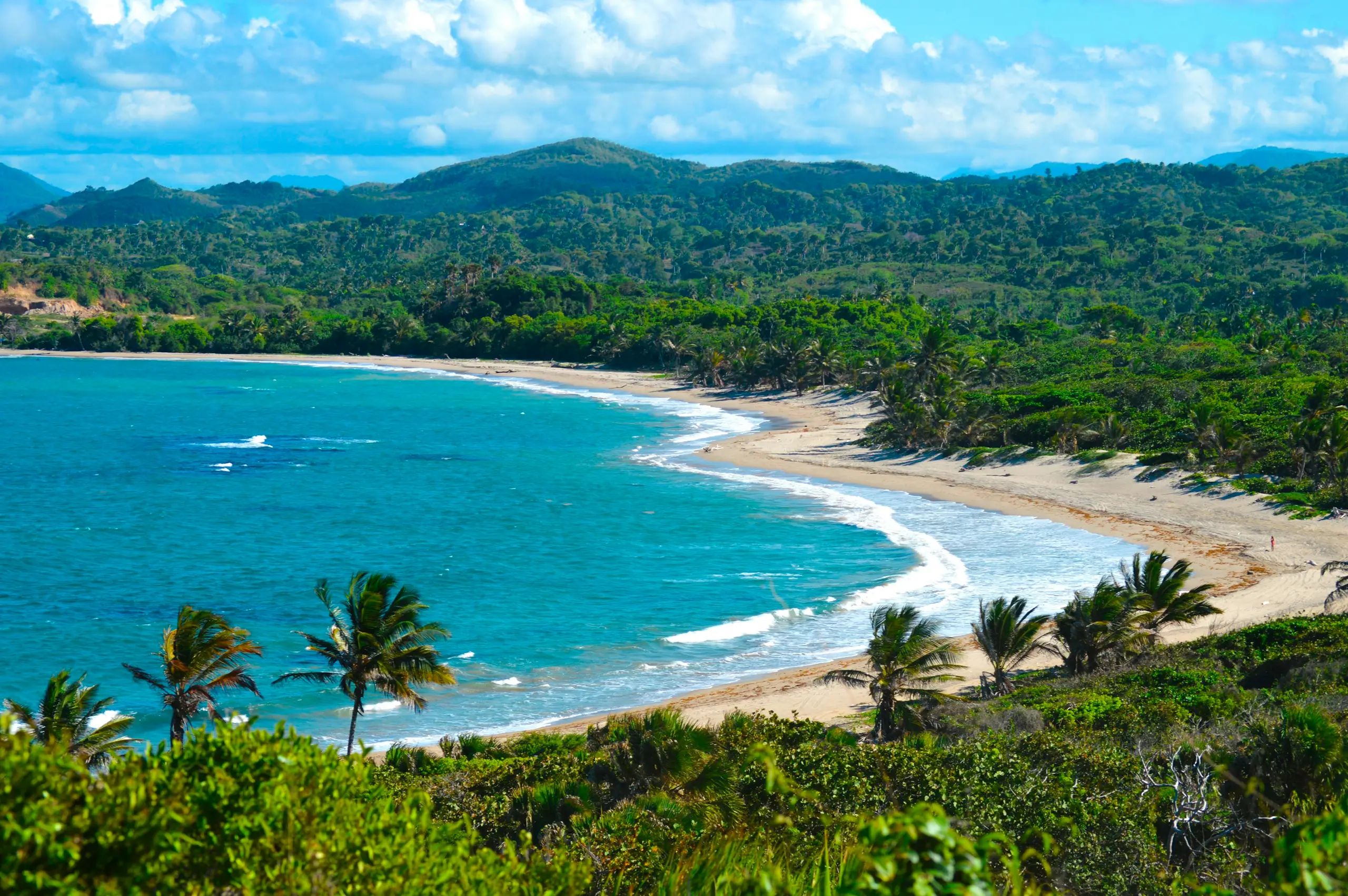 A curved sandy bay backed by green hills and swaying palms, Puerto Plata, Dominican Republic