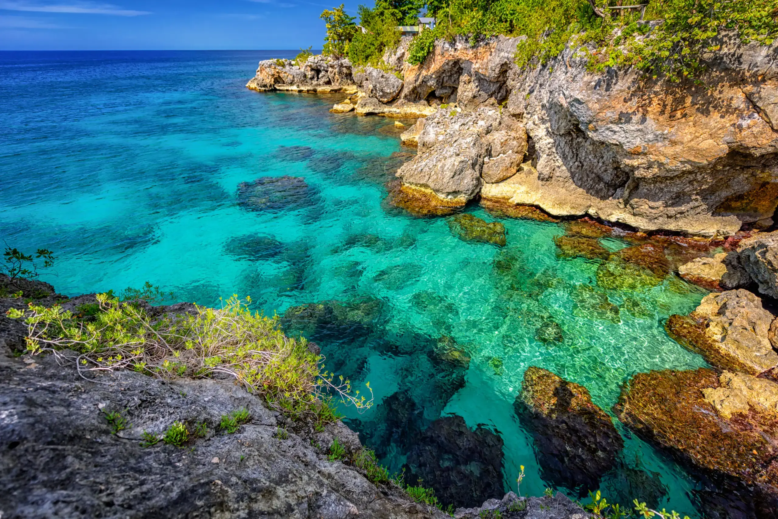A catamaran and a dive boat moored off a palm-lined resort beach in clear turquoise water, Negril, Jamaica