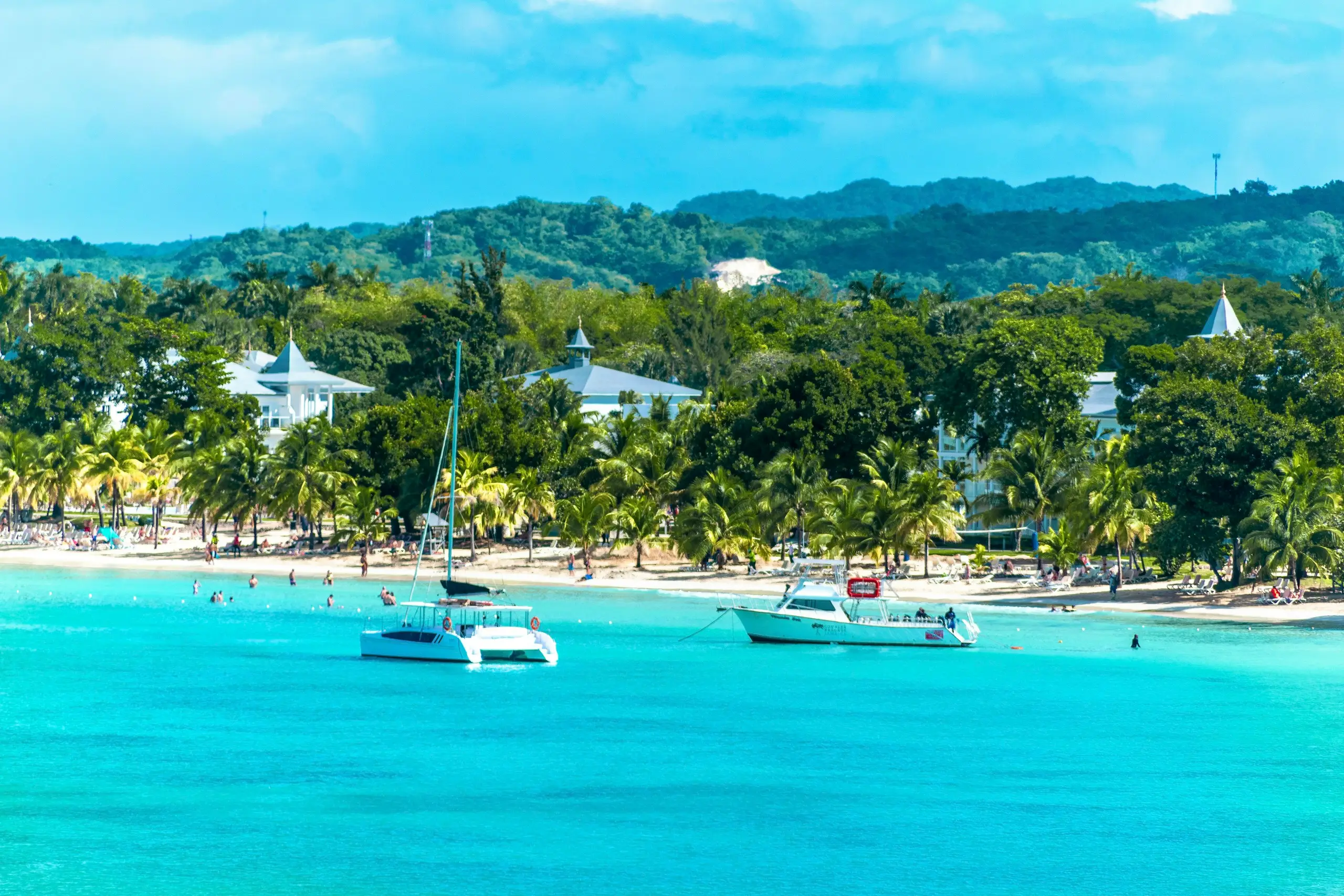 A catamaran and a dive boat moored off a palm-lined resort beach in clear turquoise water, Negril, Jamaica
