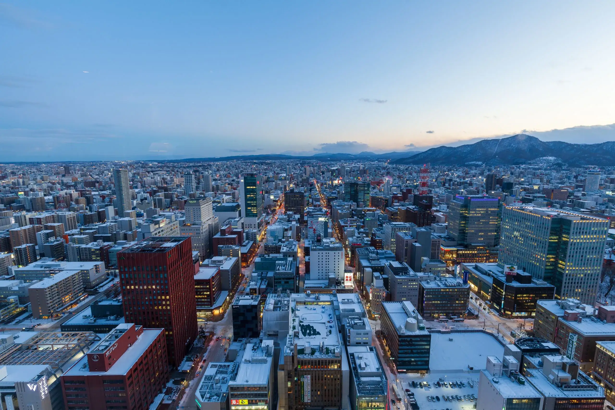Vue aérienne du quadrillage de Sapporo, avec les montagnes à l'horizon