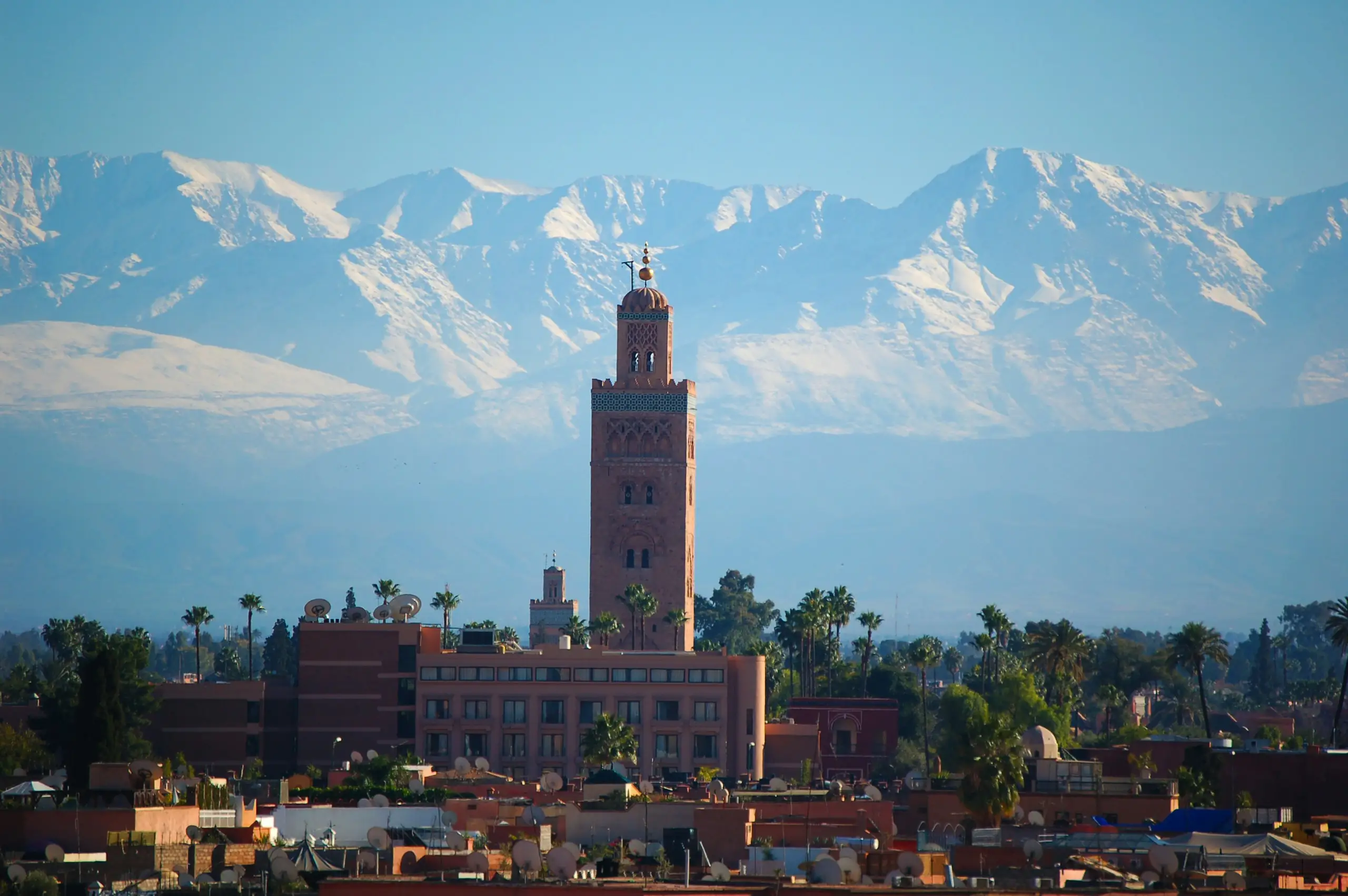The Koutoubia minaret with the Atlas Mountains beyond, Marrakesh