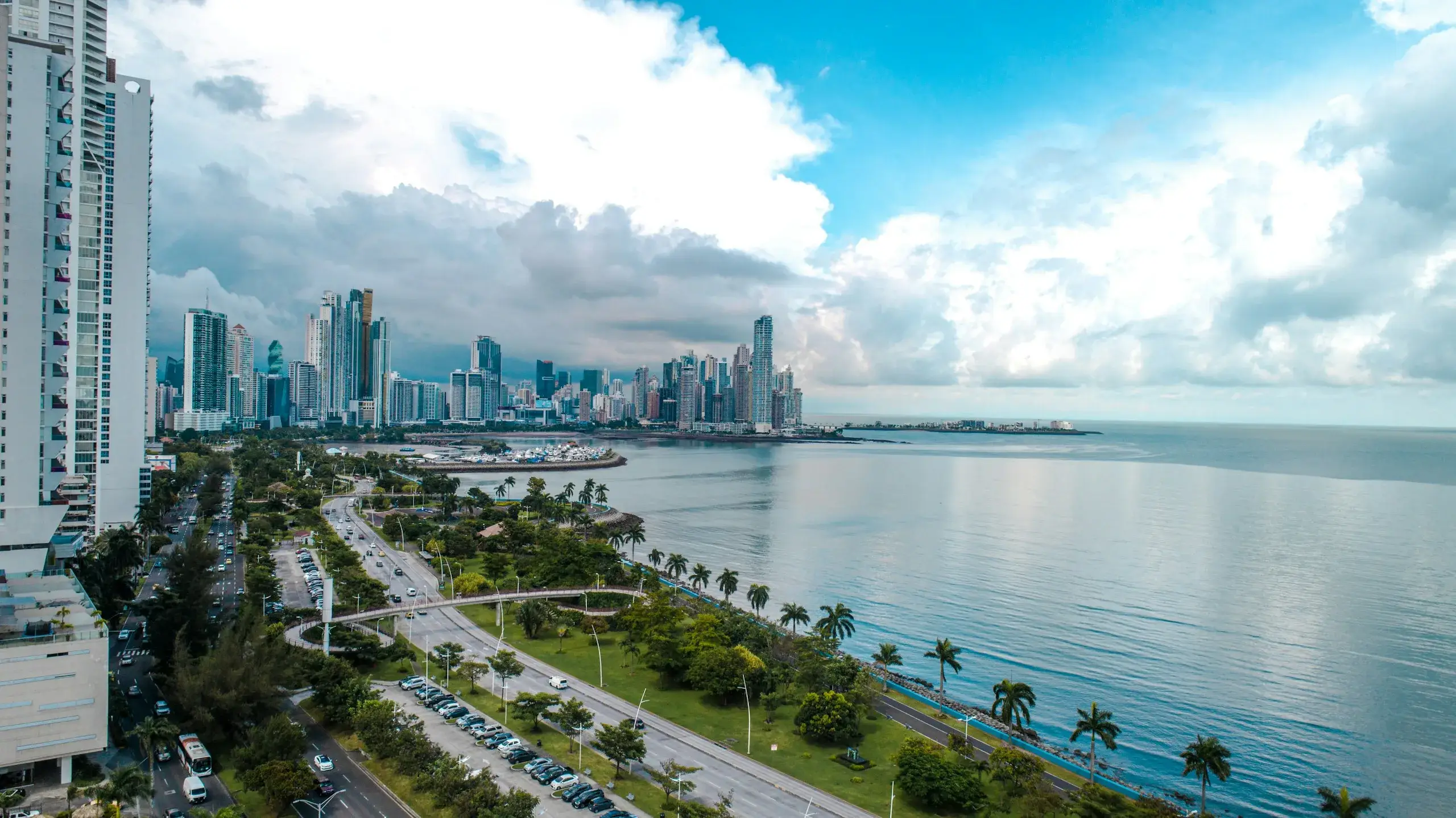Panama City's skyline and the palm-lined Cinta Costera along the bay