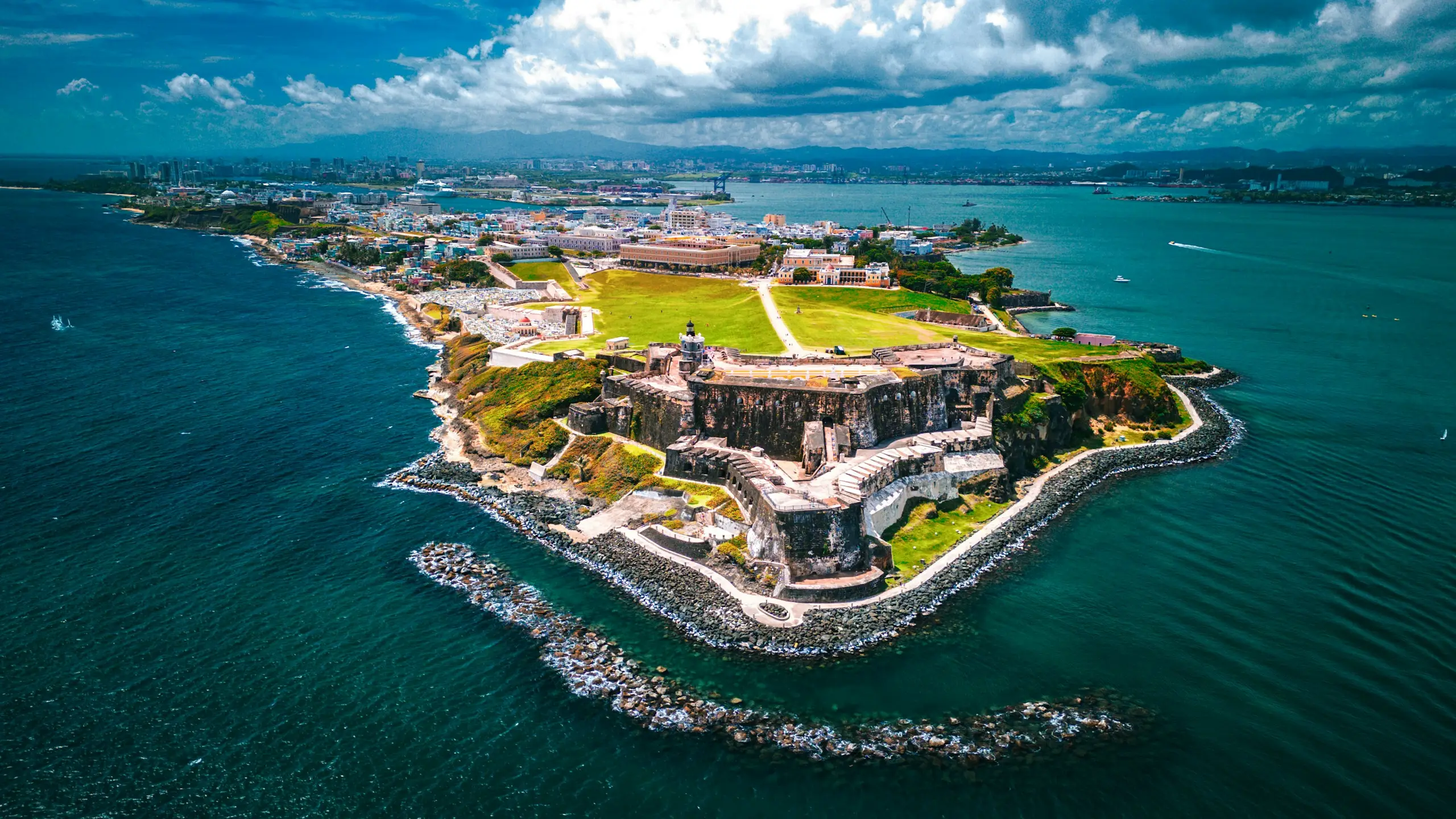 An aerial view of the El Morro fortress on its point beside Old San Juan, Puerto Rico