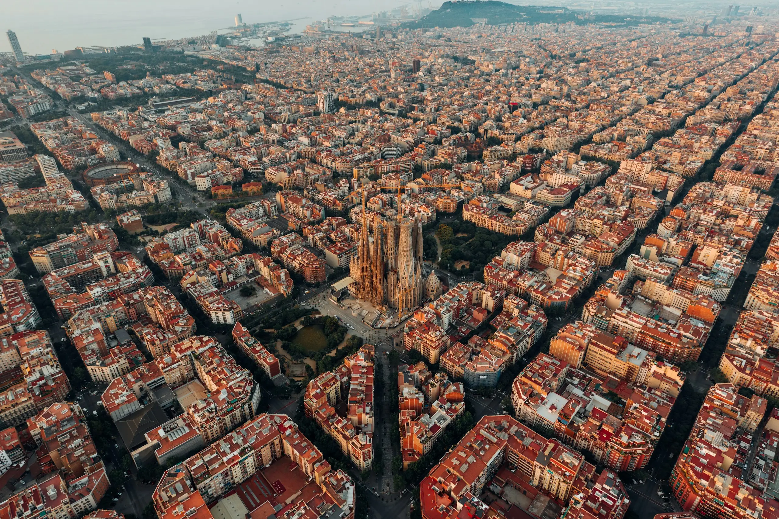 Aerial view of the street grid and the Sagrada Família, Barcelona