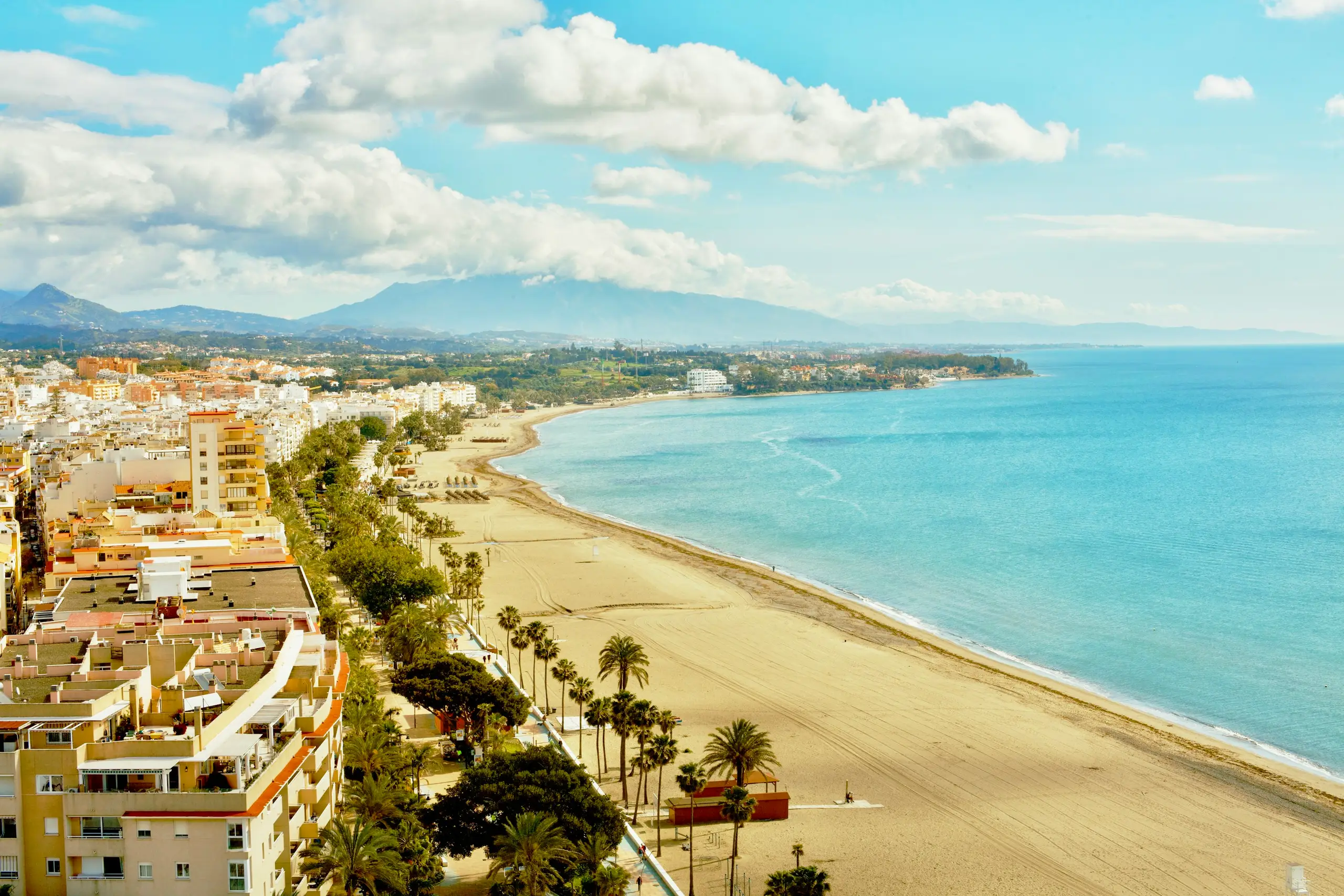 The wide sandy beach and palm-lined promenade of Estepona below the coastal mountains, Spain