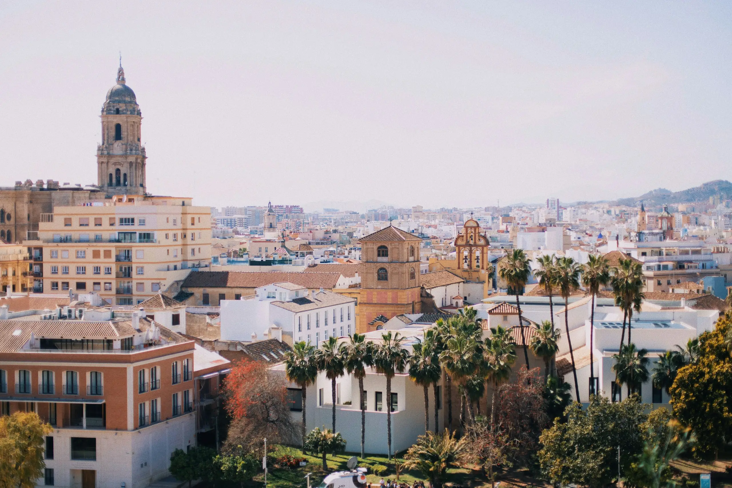 The cathedral tower rising over the rooftops and palms of Malaga, Spain