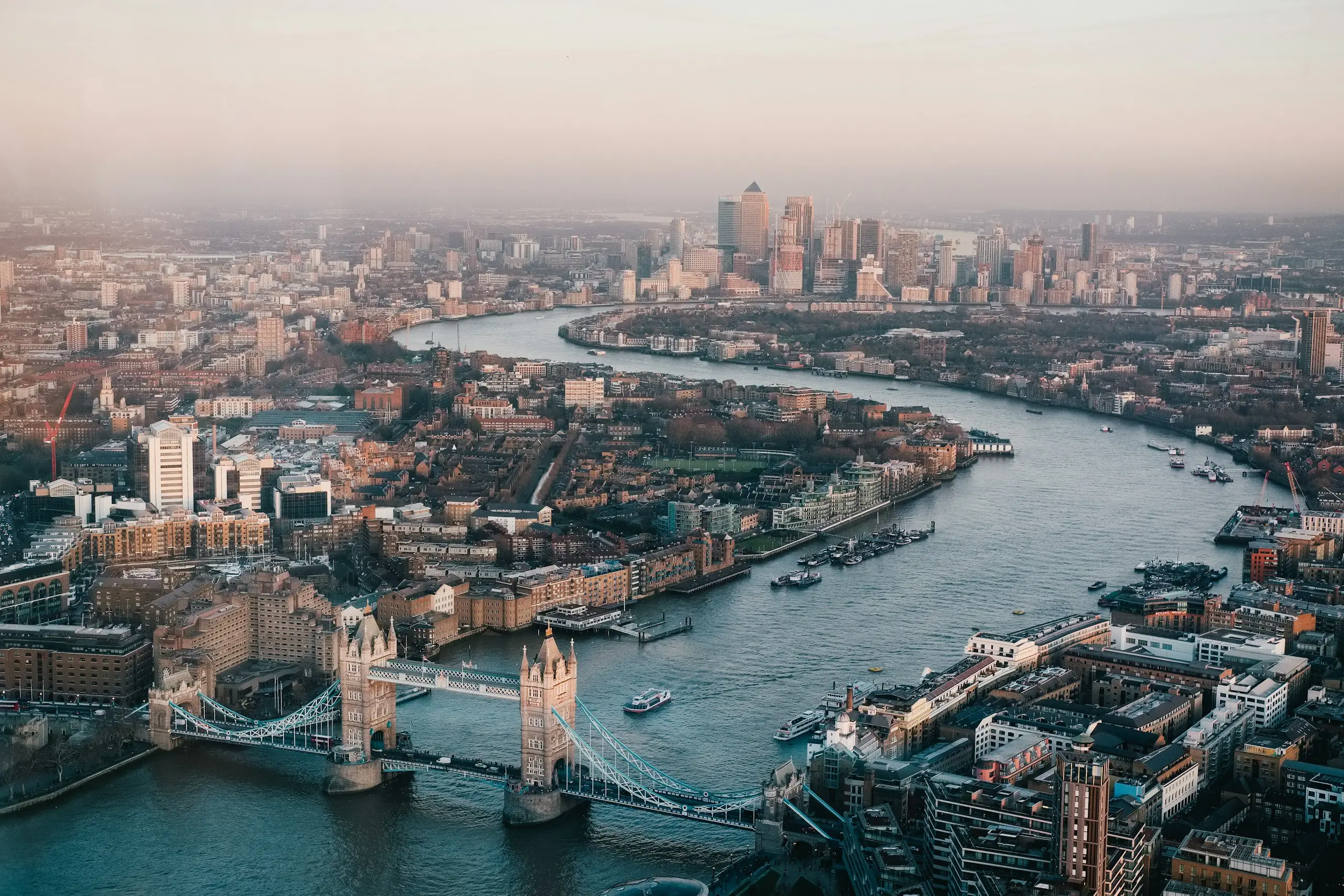 Tower Bridge and the River Thames winding through London
