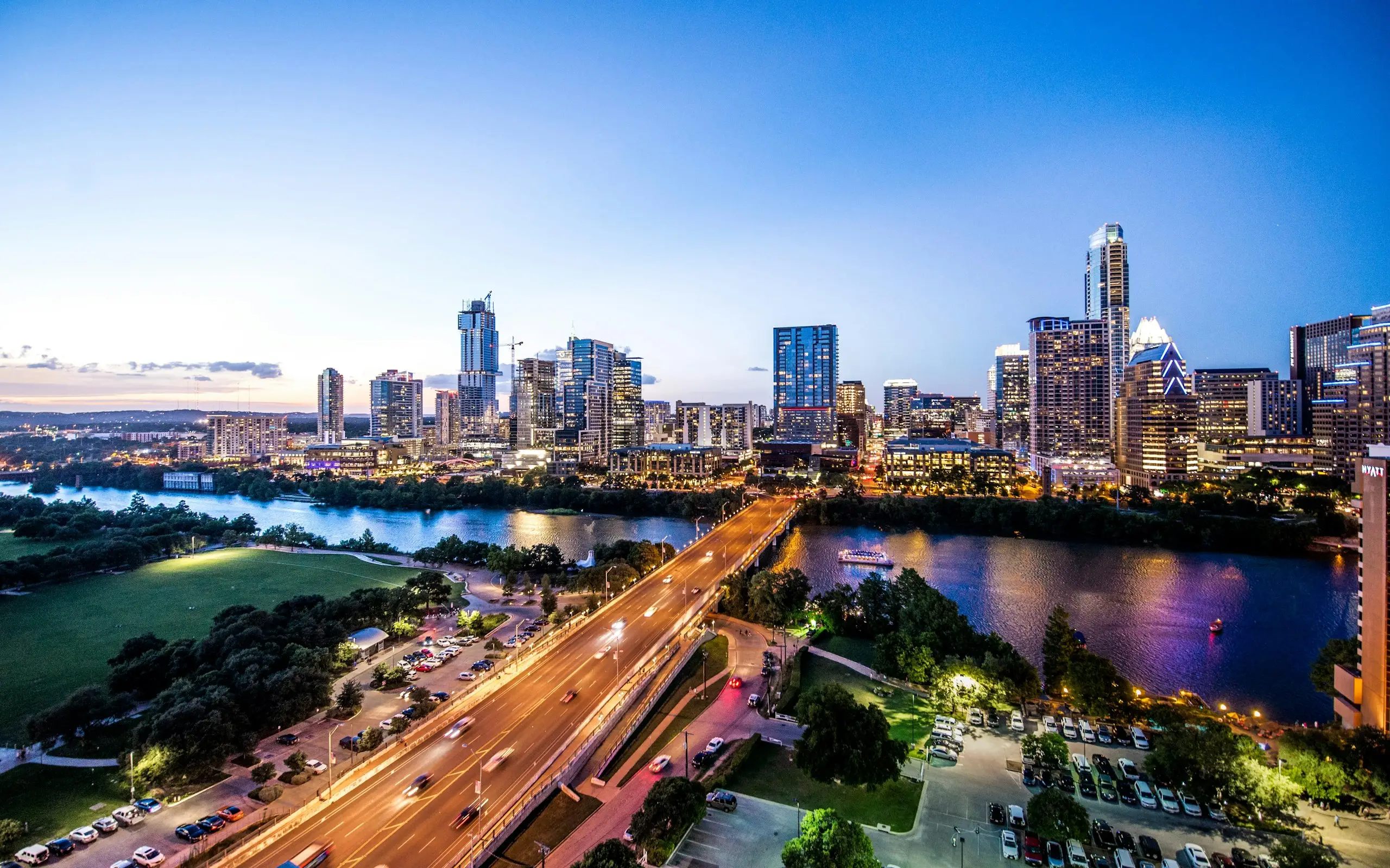 The downtown skyline and a highway at dusk, Austin