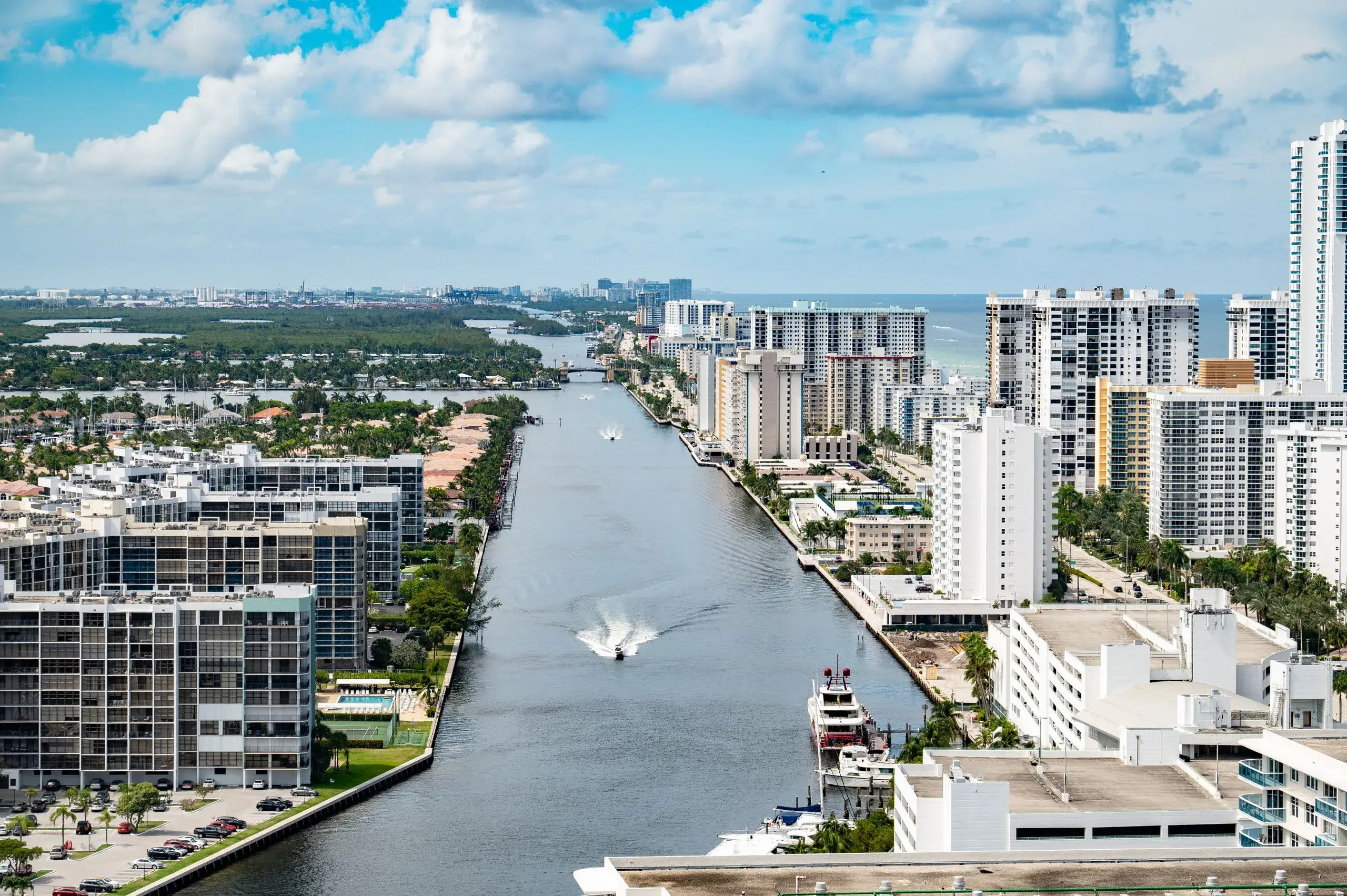 Aerial view of the Intracoastal Waterway and high-rises in Hollywood, Florida