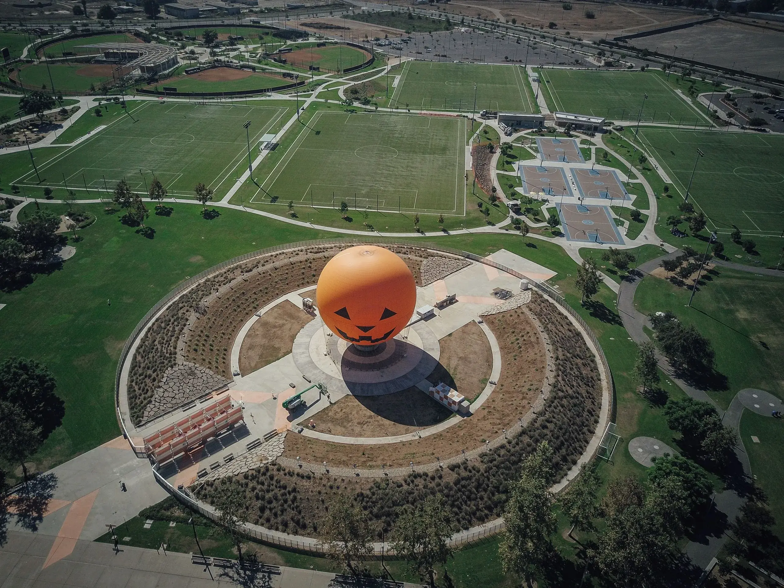 Aerial view of the Great Park balloon and sports fields in Irvine