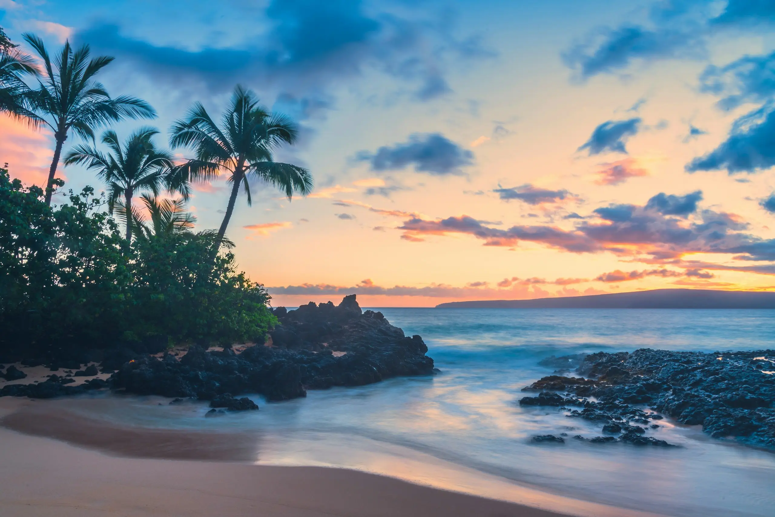 Palms and a rocky Hawaiian cove at sunset