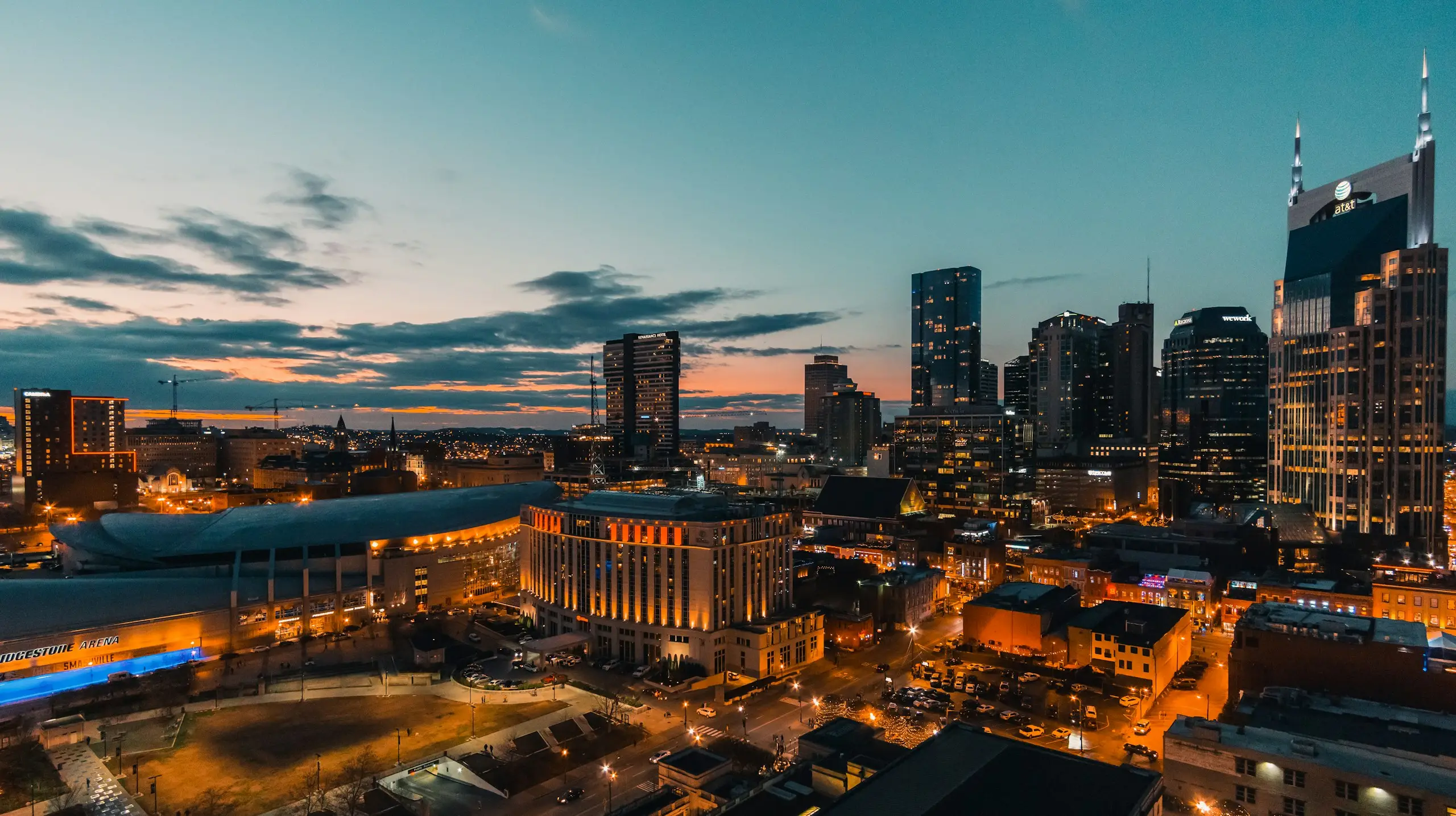 The downtown skyline at dusk, Nashville