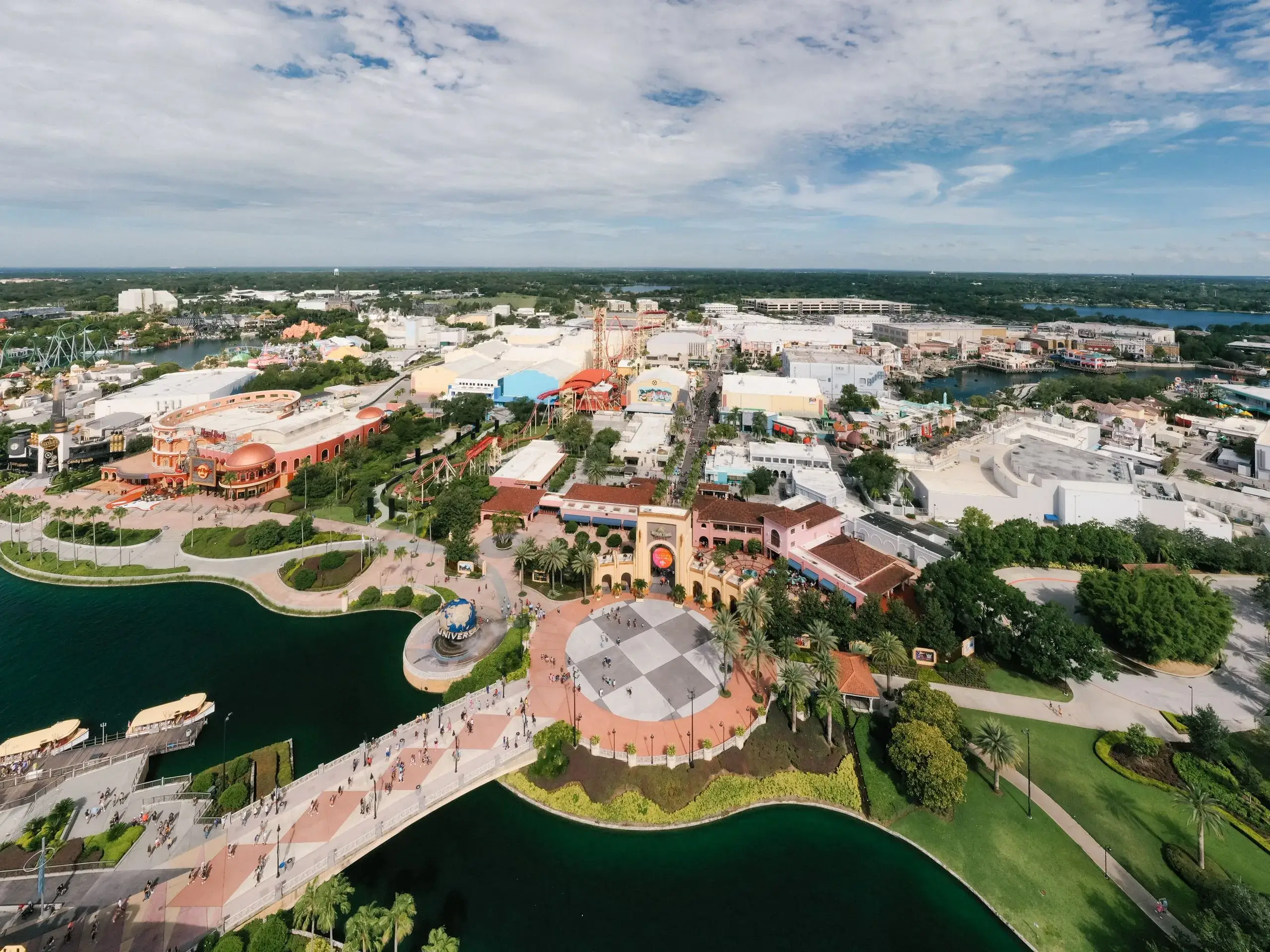 Aerial view of the theme parks and lagoon at Universal Orlando Resort