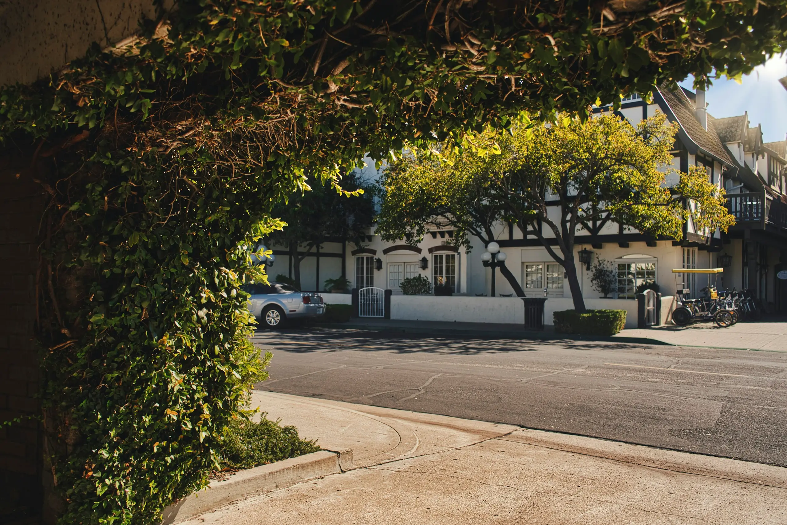 A half-timbered Tudor-style street with bicycles in Solvang, California
