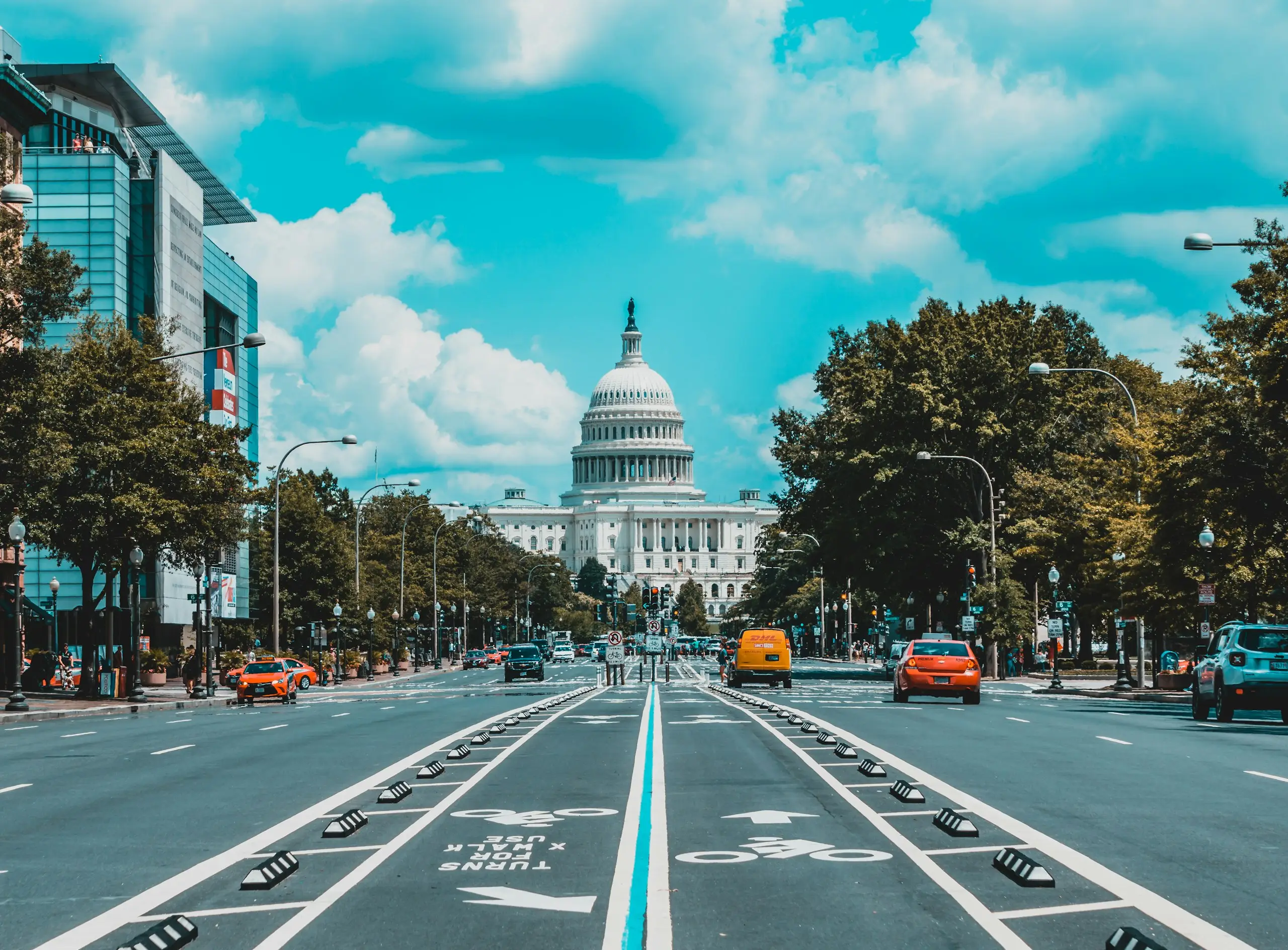 A tree-lined avenue leading to the US Capitol dome, Washington, D.C.