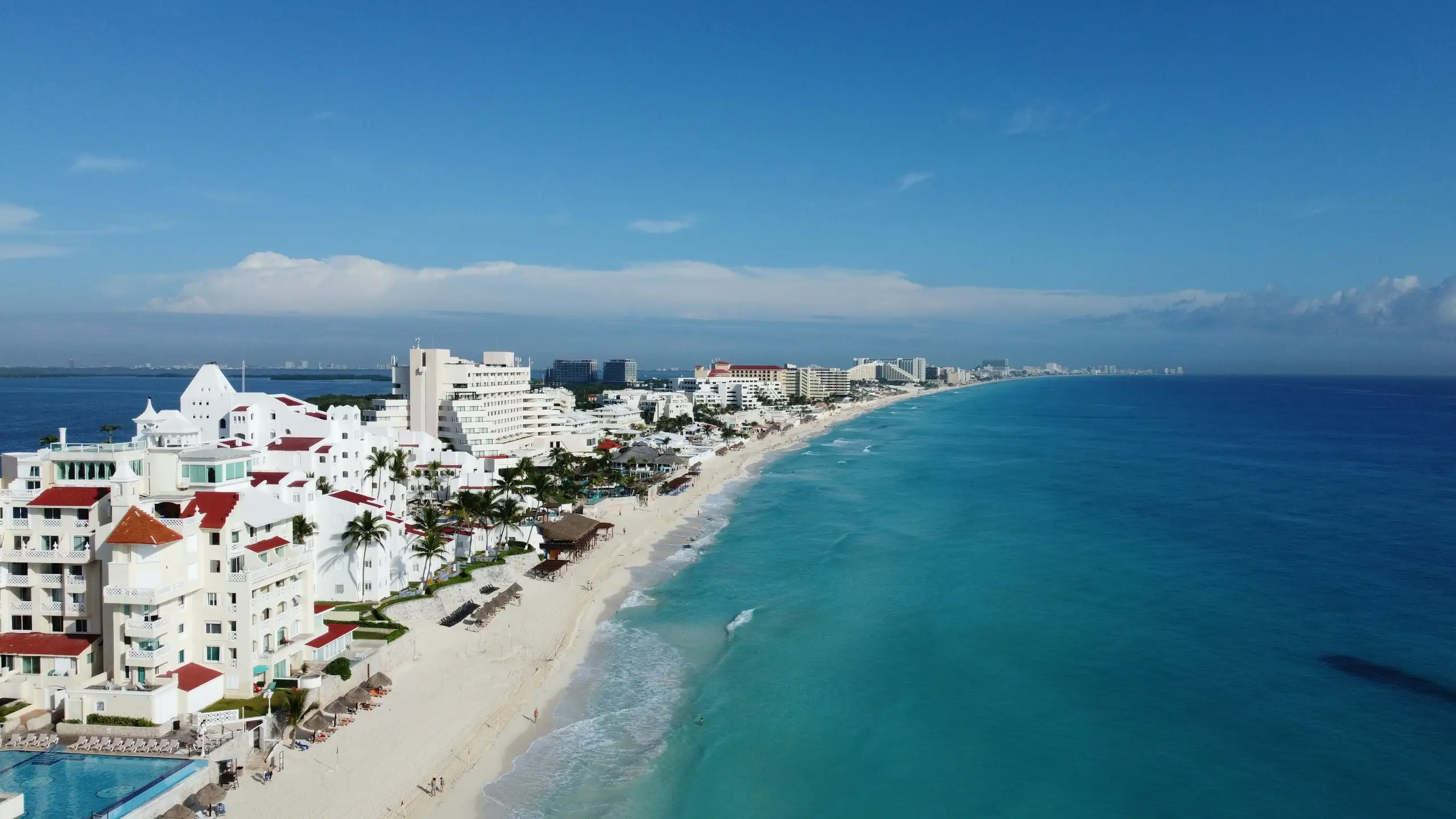 Aerial view of the Cancun hotel zone beach and turquoise Caribbean water