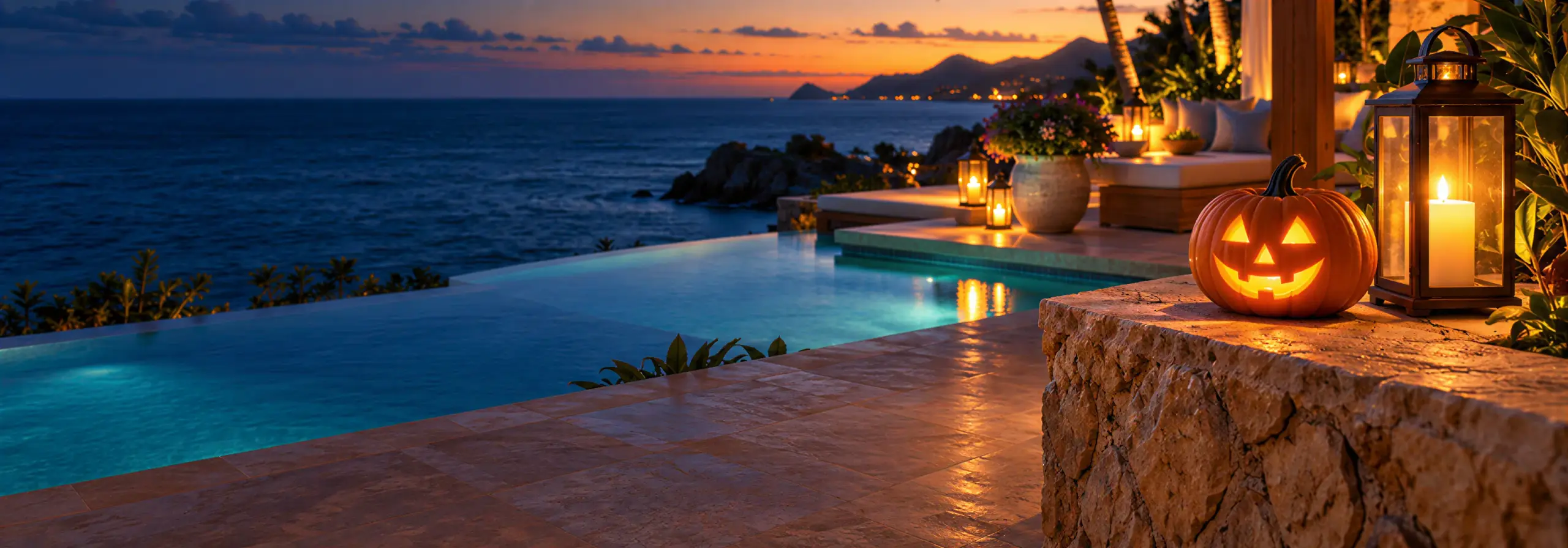 Tropical beachfront resort at dusk with palms, warm lanterns and a glowing jack-o-lantern