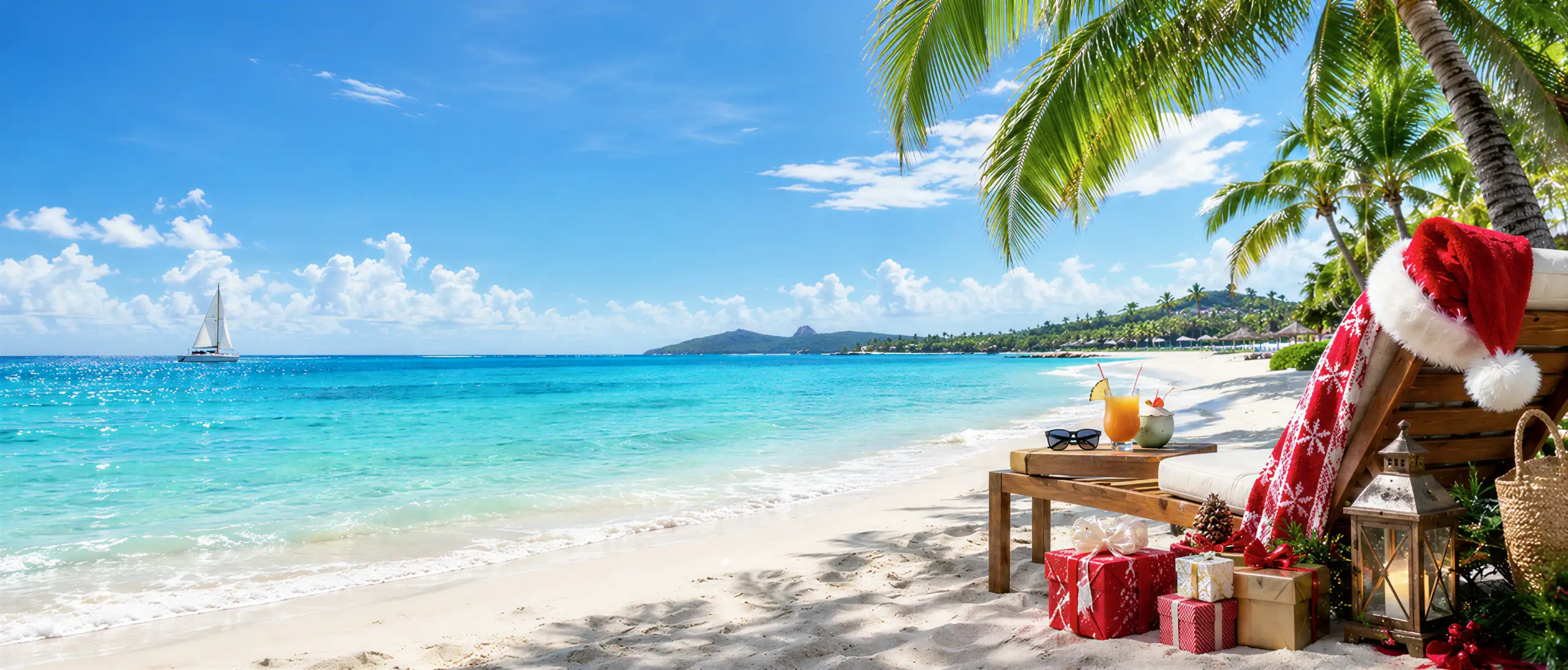 Turquoise tropical beach with white sand and palm trees