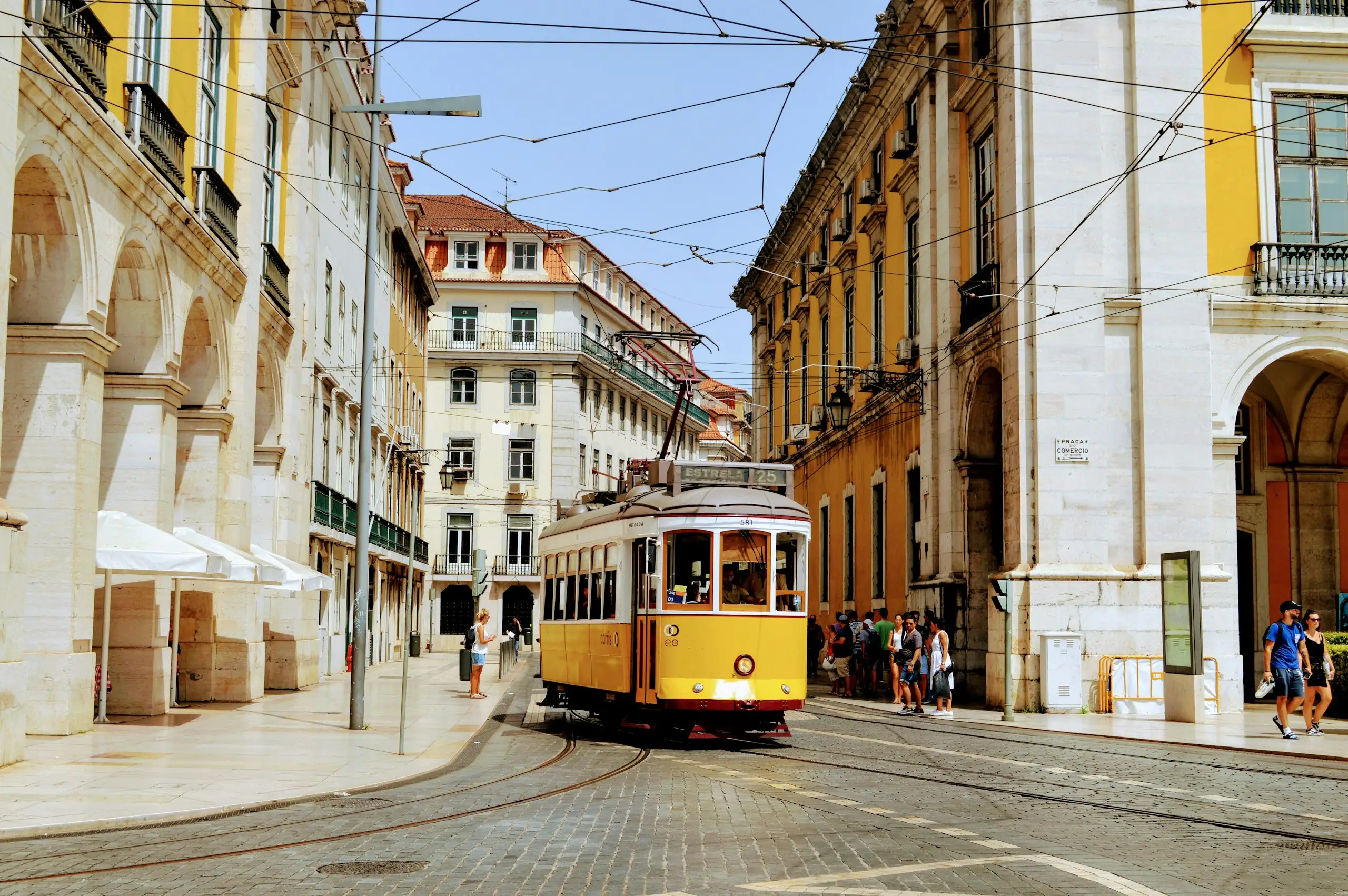 Sunlit old-town street in spring