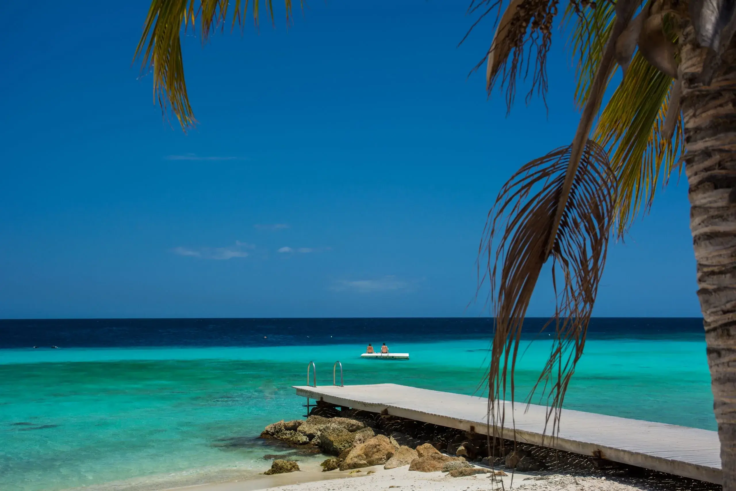 Palm fronds over a wooden pier and clear turquoise water under a blue sky
